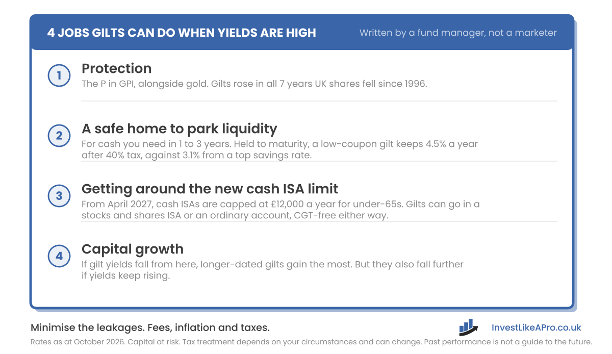 4 jobs gilts can do when yields are high: protection alongside gold, a safe home to park liquidity (4.5% a year after 40% tax against 3.1% from a top savings rate, as at October 2026), getting around the £12,000 cash ISA limit for under-65s from April 2027, and capital growth if yields fall, with bigger losses if they rise.