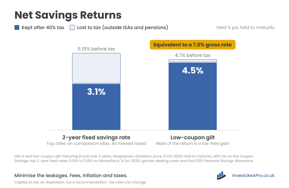 Bar chart, Net Savings Returns: after 40% tax, which applies outside ISAs and pensions, a top 2-year fixed savings rate (5.15%) keeps 3.1%, while a low-coupon gilt (4.7% before tax) keeps 4.5%, equivalent to a 7.5% gross rate.